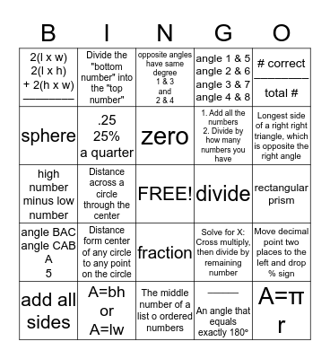 MATH BINGO Card