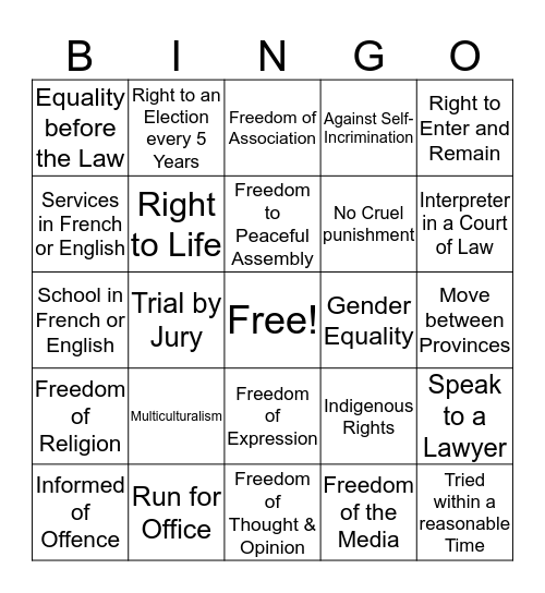 Charter of Rights and Freedoms - DCC Bingo Card