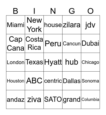 Hyatt Games 2020 Bingo Card