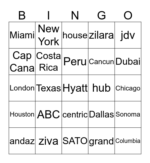Hyatt Games 2020 Bingo Card