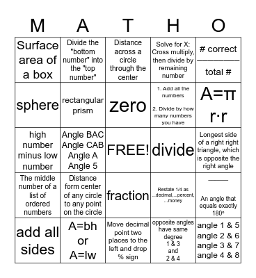 MATH BINGO Card