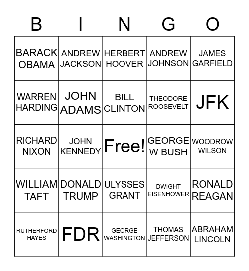 PRESIDENTS Bingo Card