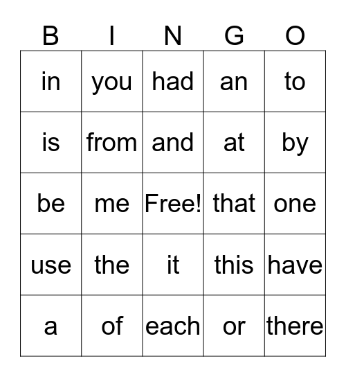 Sightword Bingo Card