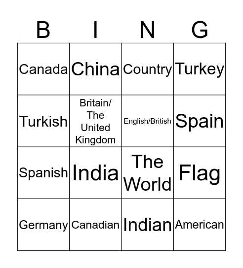 Countries and Nationalities Bingo Card