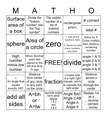 MATH BINGO Card