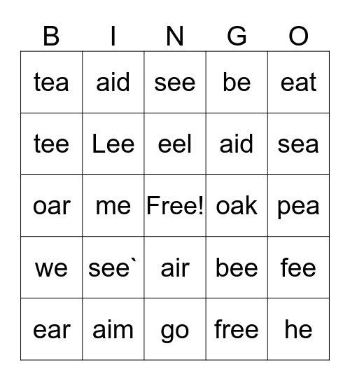 open ee, ea, oa, ai Bingo Card
