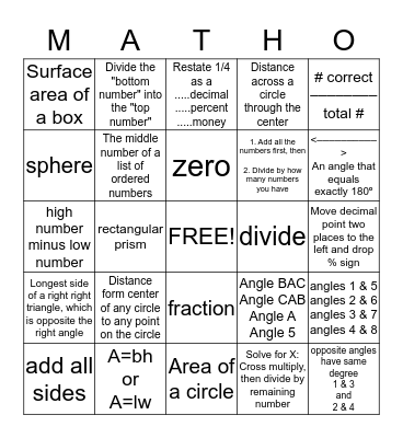 MATH BINGO Card
