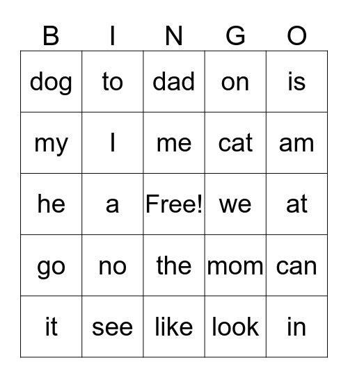 Sight Word BINGO Card