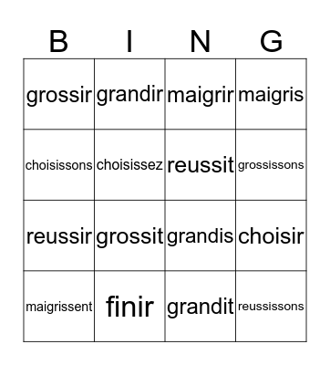 French -ir verbs Bingo Card