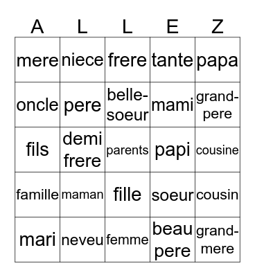 French I La famille Bingo Card