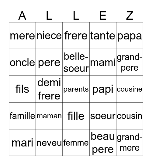 French I La famille Bingo Card