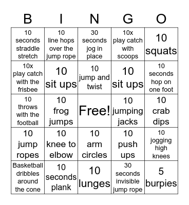 Fitness Bingo Card