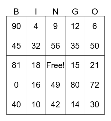 Multiplication Facts Bingo Card