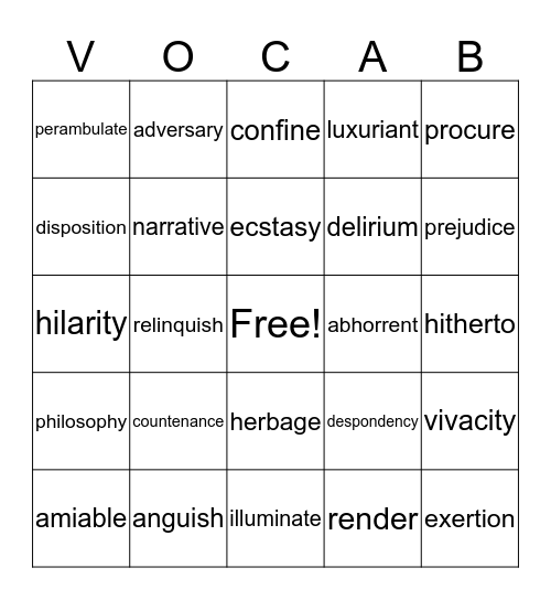 Frankenstein Vocabulary Bingo Card