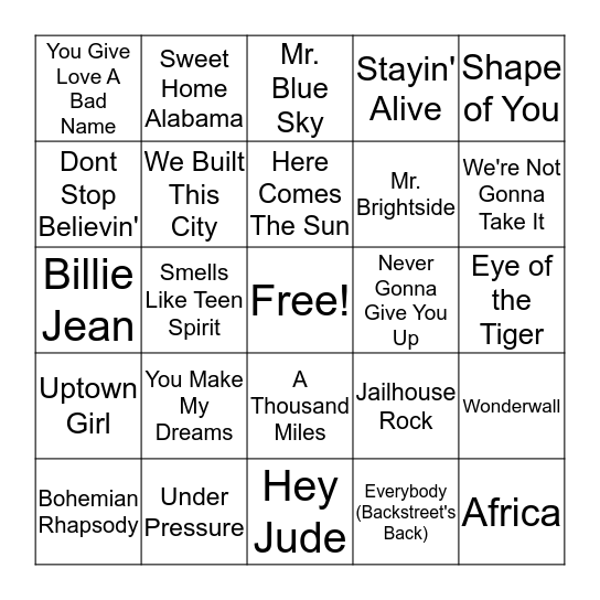 Starbucks Song Title Bingo Card