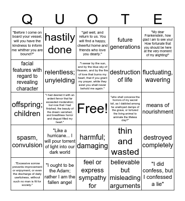 Frankenstein Quotes Bingo Card