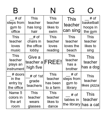 Have a teacher or staff person sign the box that is true of them (you can only use a teacher 2 times total).  There are also squares where you have to fill in the blank.  5 in a row is bingo.  Turn your paper in by 7:30 to claim your prize. Bingo Card