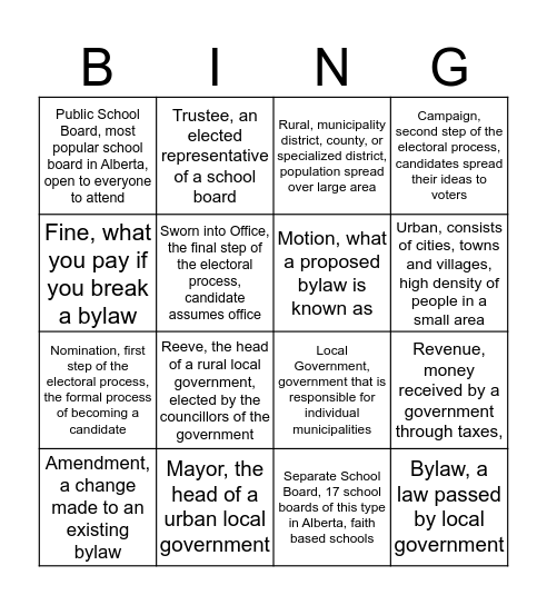 Ms. Currie's Local Government Bingo  Bingo Card
