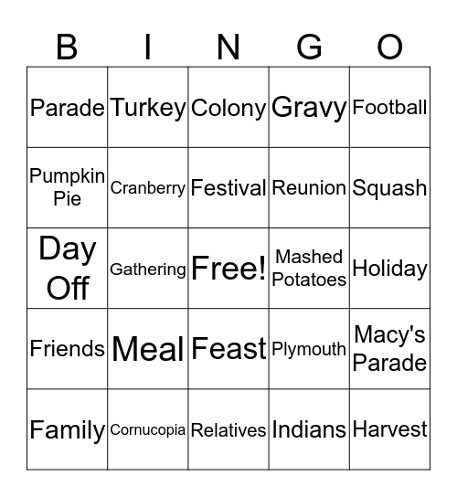 Thanksgiving Bingo Card
