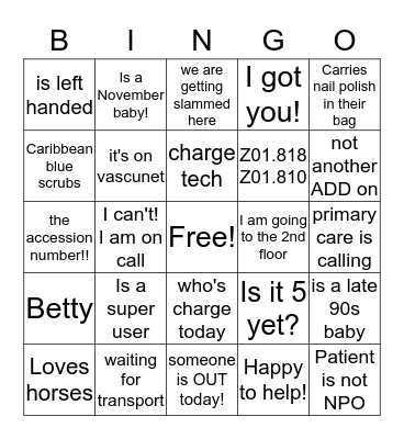 Vascular Lab Bingo Card