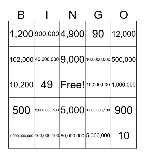 Number Bingo Card