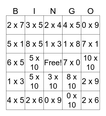 Multiplication  Bingo Card