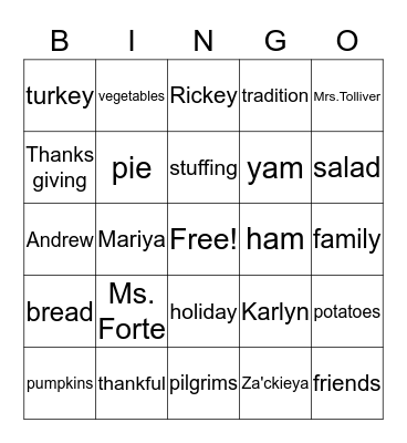 SECOND CHANCE THANKSGIVING Bingo Card