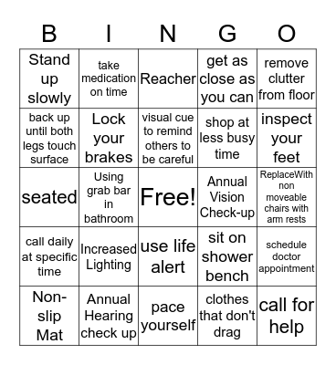 Fall Prevention Bingo Card