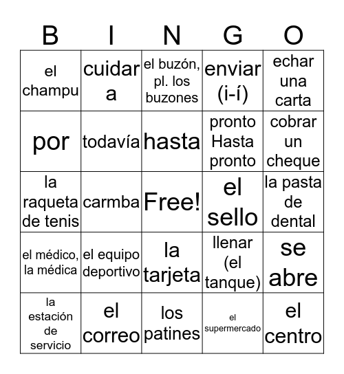 Spanish 2 Vocab 3B Bingo Card
