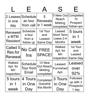 LEASING BINGO Card