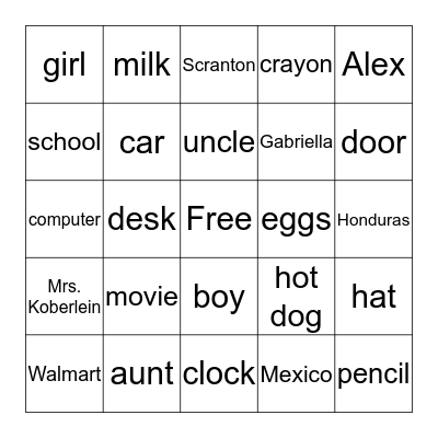 Noun Bingo Card