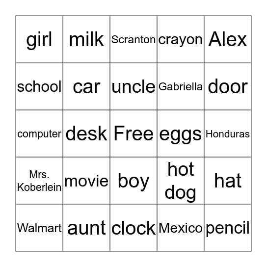 Noun Bingo Card