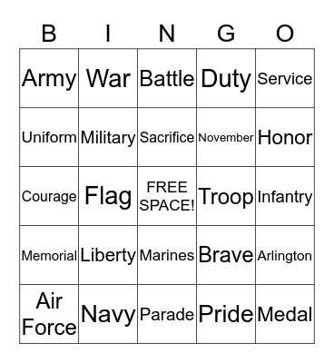 Veterans Day Bingo Card