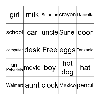 Noun Bingo Card