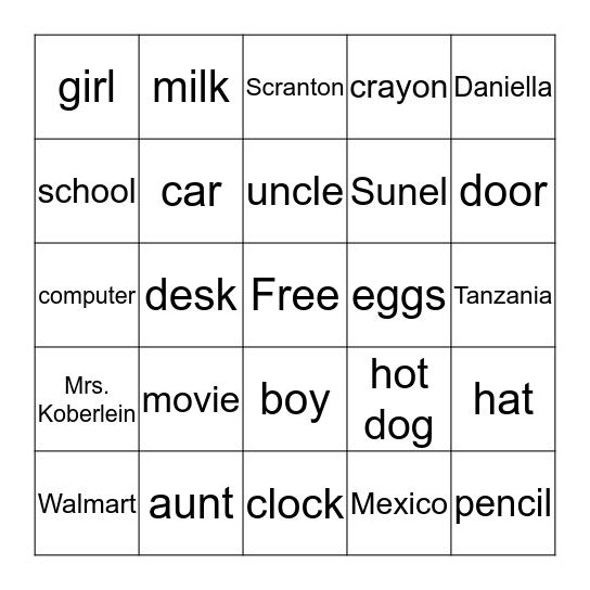 Noun Bingo Card