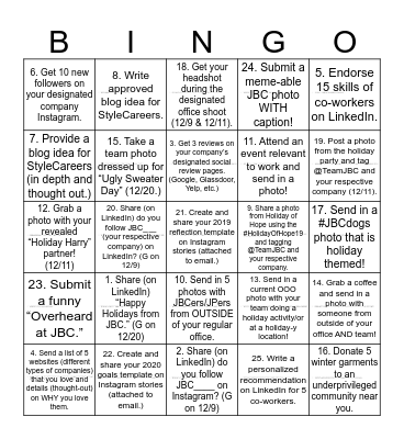 JBC Social Bingo: Holiday Edition Bingo Card