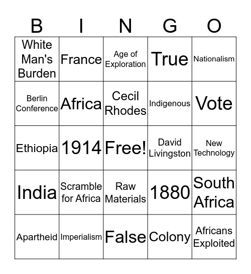 Imperialism Bingo Card