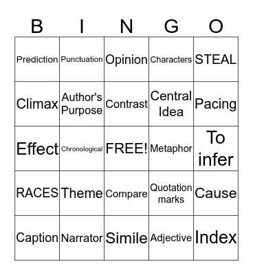 Language Arts Bingo Card