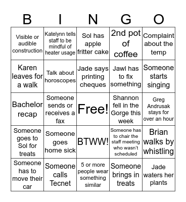 Wacky Wednesday Bingo Card