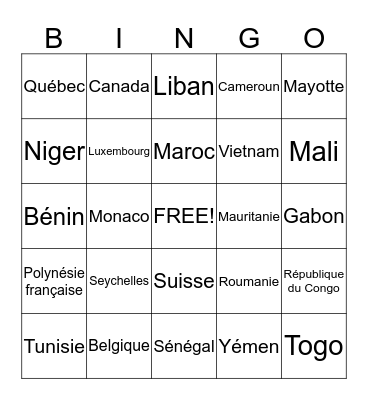 Le monde francophone Bingo Card