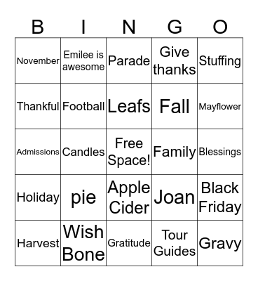 Tour Guides Friendsgiving Bingo Card