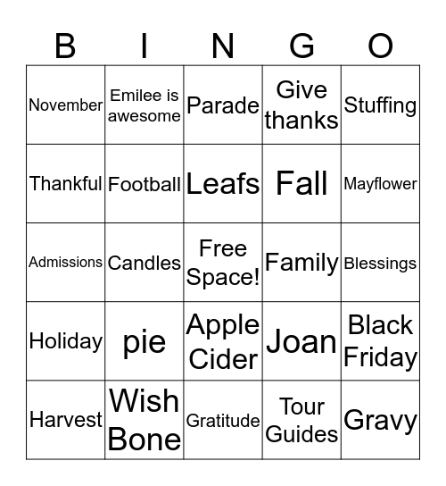 Tour Guides Friendsgiving Bingo Card