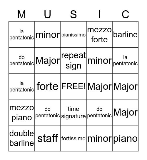 Musical Scales Bingo Card