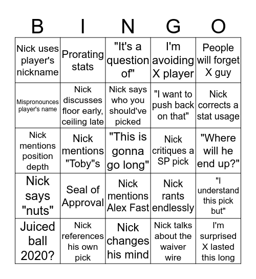 OTC Mock Draft Bingo Card