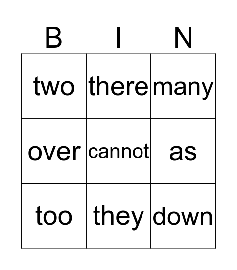 Snap Words Bingo Card