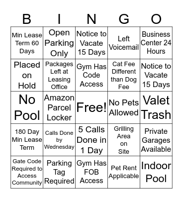 Property Calls Bingo Card