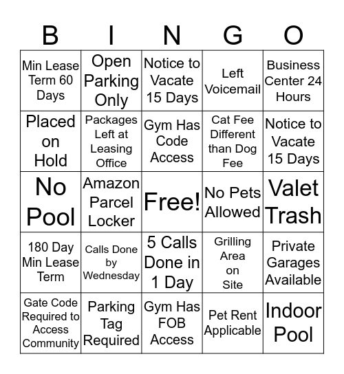 Property Calls Bingo Card