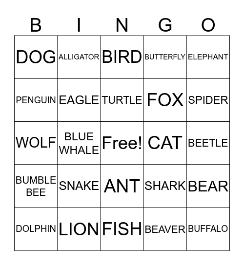 ANIMALS Bingo Card