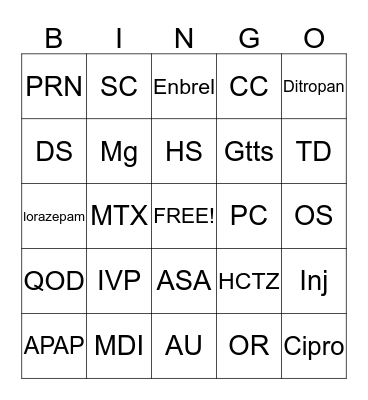 Medical Terminology Bingo Card