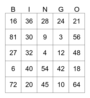 Multiplication BINGO Card